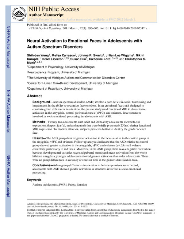 (PDF) Neural activation to emotional faces in adolescents with autism ...
