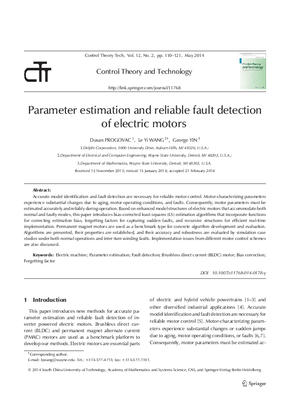 (PDF) Parameter estimation and reliable fault detection of electric motors