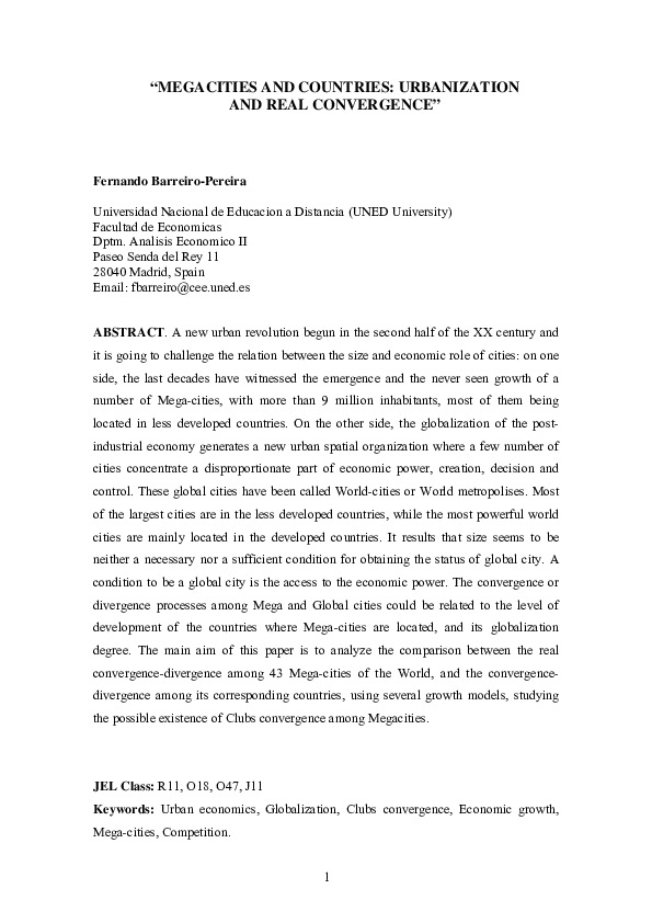 (PDF) Megacities and Countries: Urbanization and Real Convergence