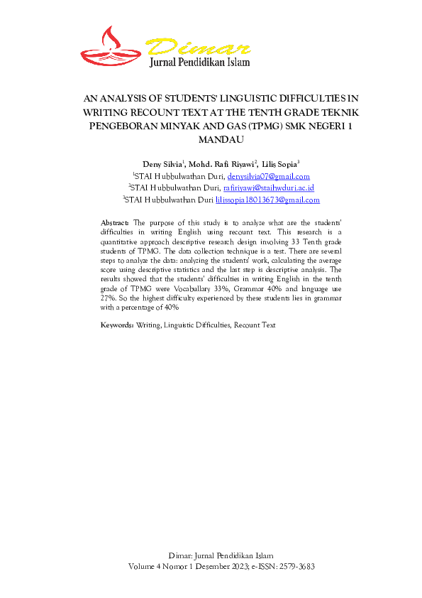 (PDF) An Analysis of Students' Linguistic Difficulties in Writing ...