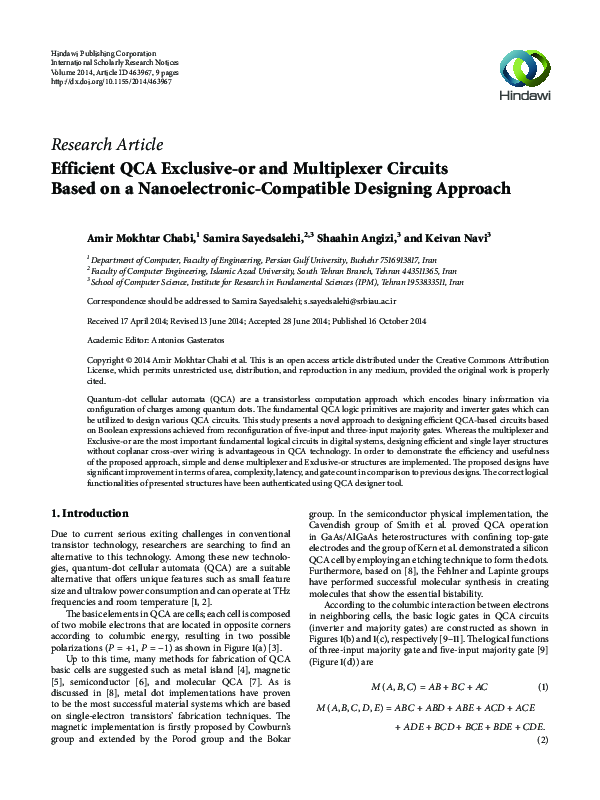 Efficient QCA Exclusive-or and Multiplexer Circuits Based on a Nanoelectronic-Compatible Designing Approach