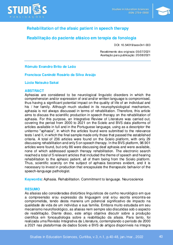 (PDF) Rehabilitation of the afasic patient in speech therapy | Rômulo ...