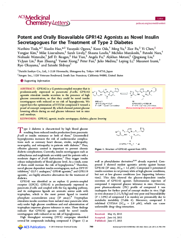 (PDF) Potent and Orally Bioavailable GPR142 Agonists as Novel Insulin ...