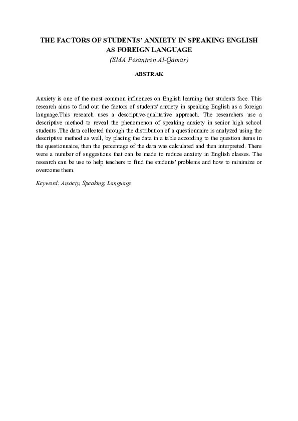 (DOC) THE FACTORS OF STUDENTS' ANXIETY IN SPEAKING ENGLISH AS FOREIGN ...