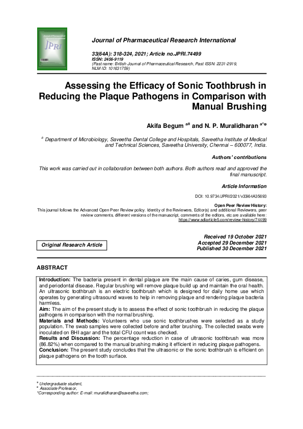 (PDF) Assessing the Efficacy of Sonic Toothbrush in Reducing the Plaque ...