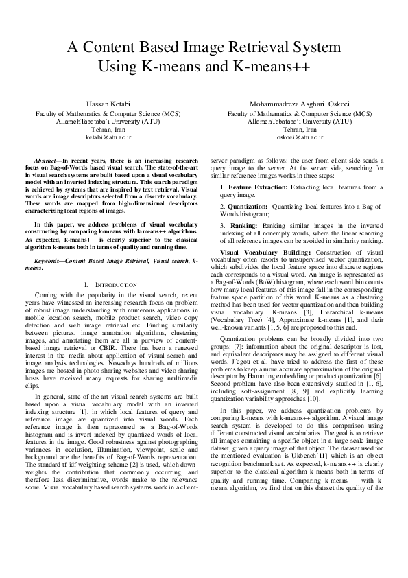 (PDF) A Content Based Image Retrieval System Using K-means and K-means++