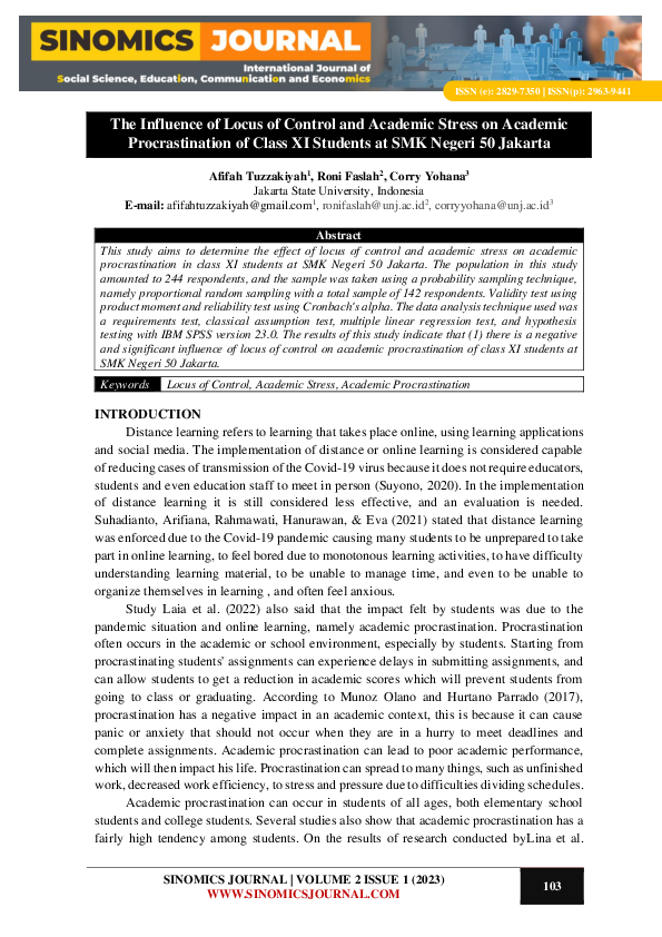 (PDF) The Influence of Locus of Control and Academic Stress on Academic ...