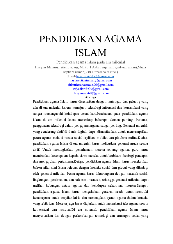 Doc Pendidikan Agama Islam Pendidikan Agama Islam Pada Era Milenial