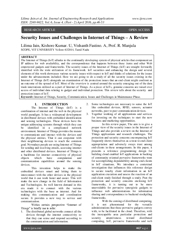 Security In Internet Of Things: Issues, Challenges And Solutions – RUAUE