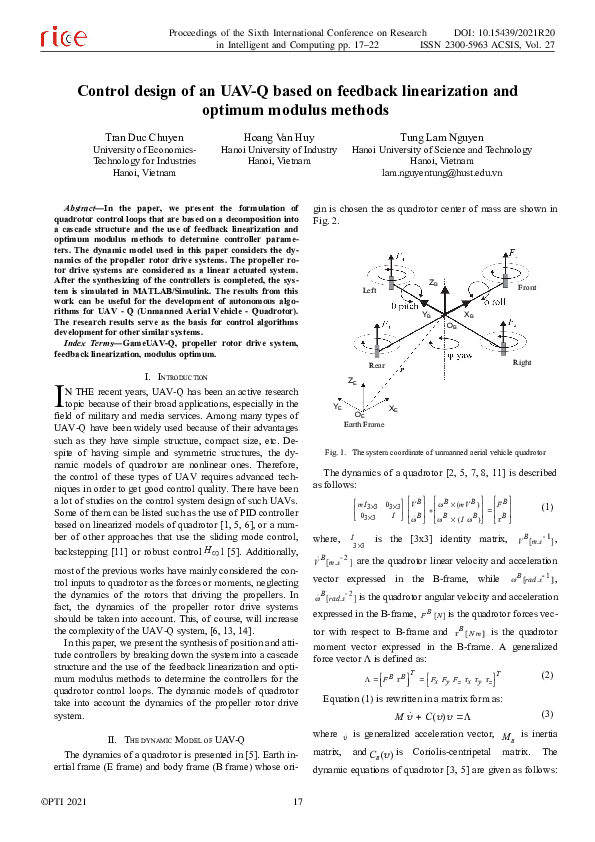 (PDF) Control design of an UAV–Q based on feedback linearization and ...