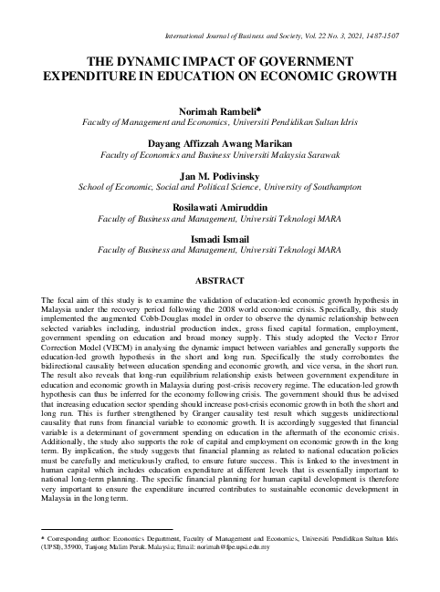 (PDF) The Dynamic Impact of Government Expenditure in Education on ...