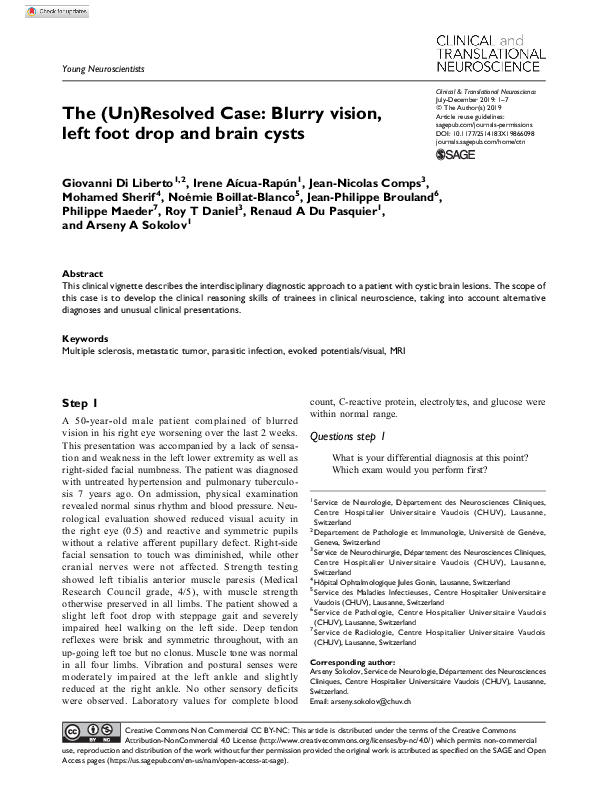 (PDF) The (Un)Resolved Case: Blurry vision, left foot drop and brain cysts