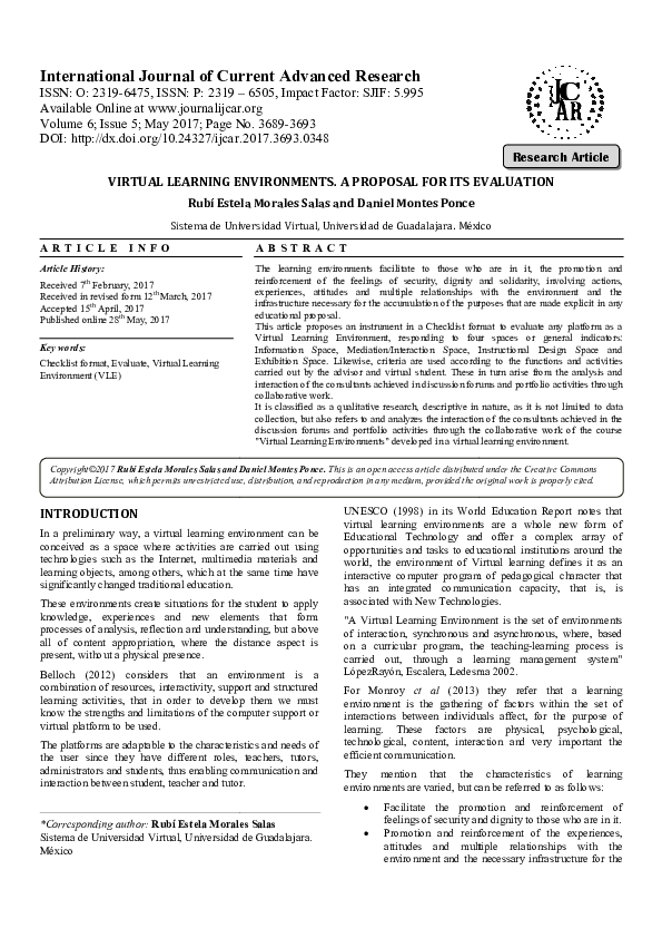 (PDF) Virtual learning environments. a proposal for its evaluation