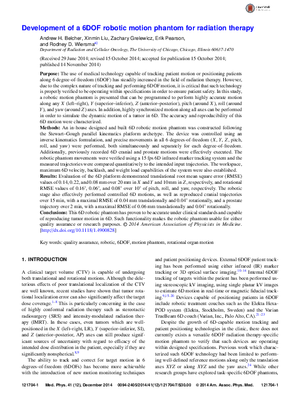 (PDF) Development of a 6DOF robotic motion phantom for radiation therapy