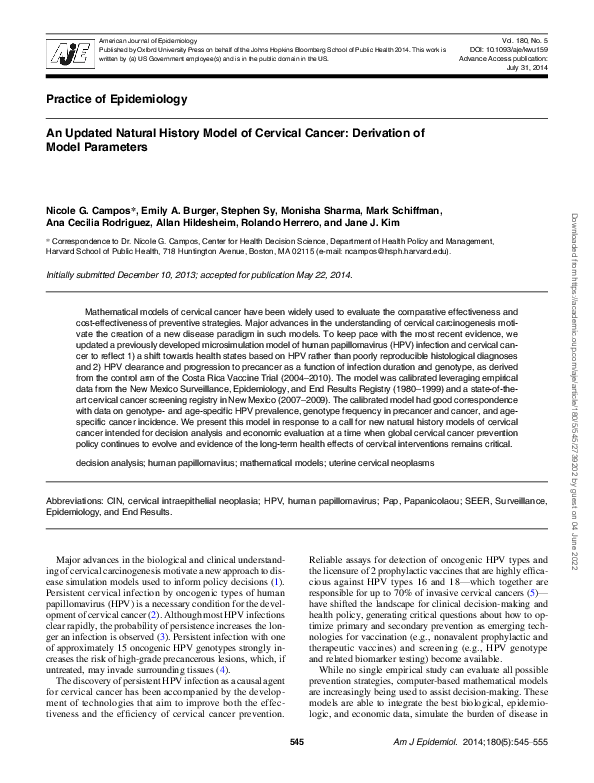 (PDF) An updated natural history model of cervical cancer: derivation ...