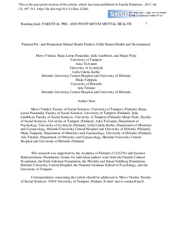 (PDF) Parental Pre- and Postpartum Mental Health Predicts Child Mental ...