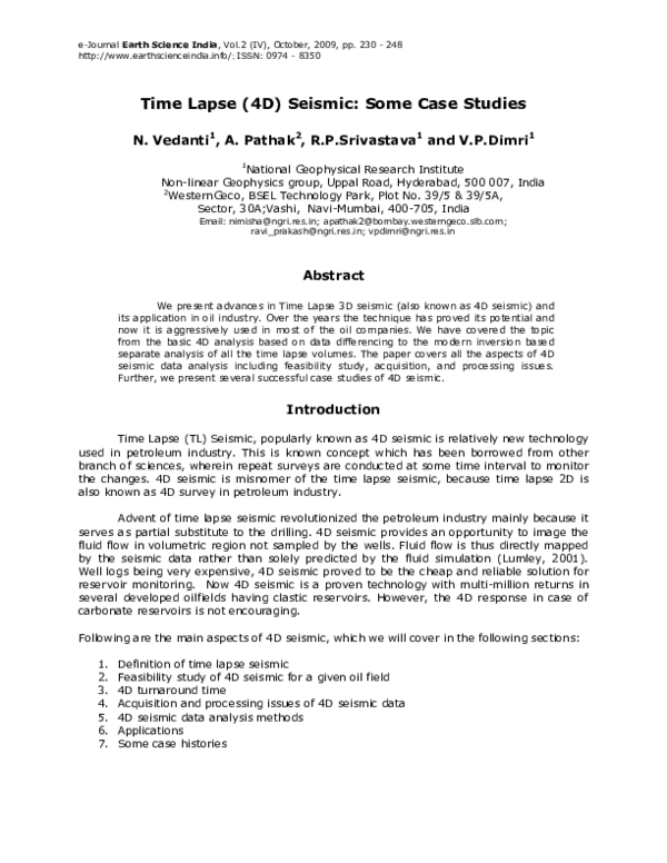 (PDF) Time Lapse (4D) Seismic: Some Case Studies