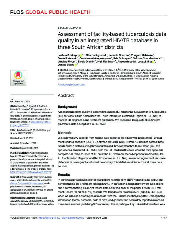 (PDF) Assessment of facility-based tuberculosis data quality in an ...