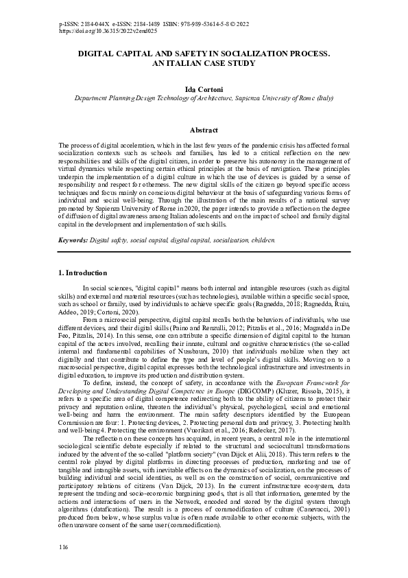 (PDF) Digital Capital and Safety in Socialization Process. An Italian Case Study Ida Cortoni