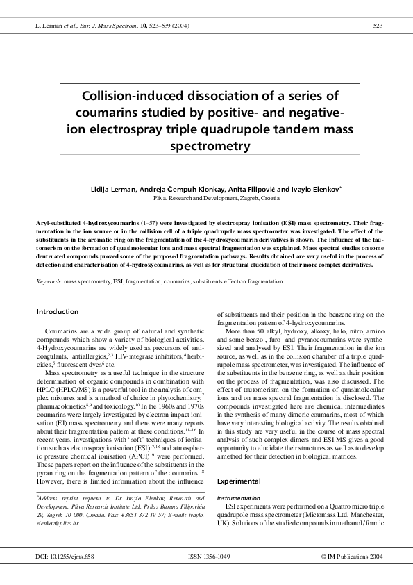 (PDF) Collision-induced dissociation of a series of coumarins studied ...