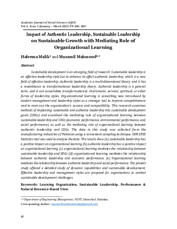 (PDF) Impact of Authentic Leadership, Sustainable Leadership on ...