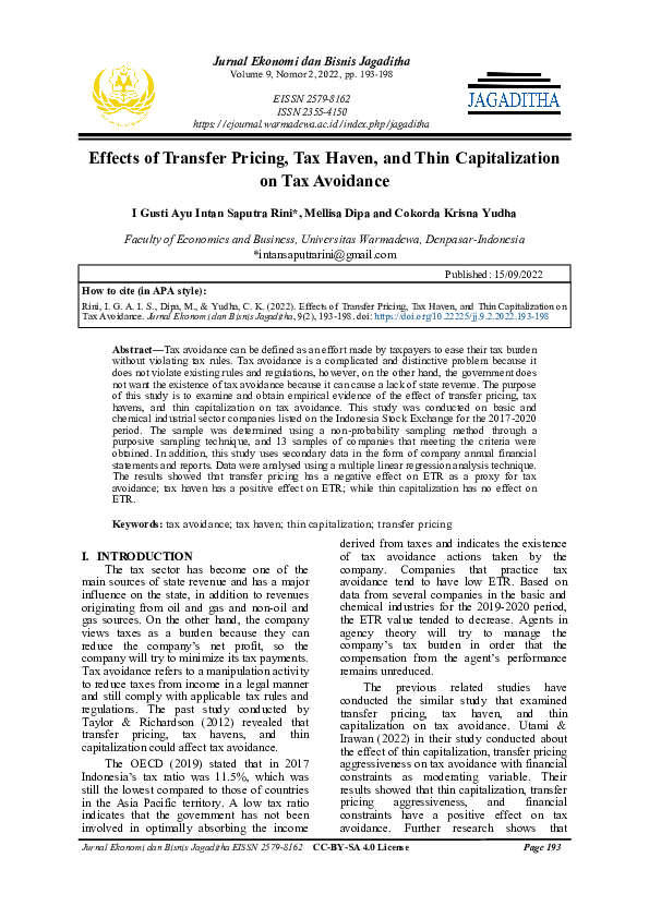 (PDF) Effects of Transfer Pricing, Tax Haven, and Thin Capitalization ...