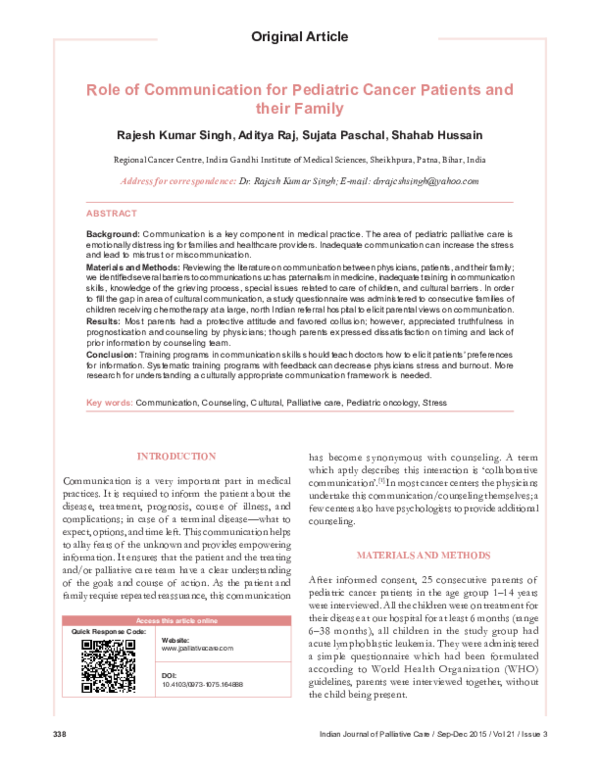 (PDF) Role of communication for pediatric cancer patients and their family