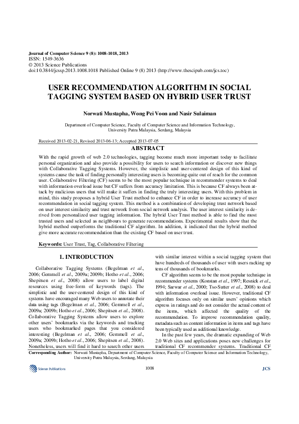 (PDF) User Recommendation Algorithm in Social Tagging System Based on ...