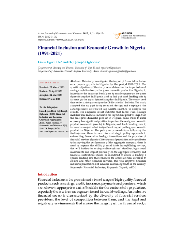 (PDF) Financial Inclusion and Economic Growth in Nigeria (1991-2021)