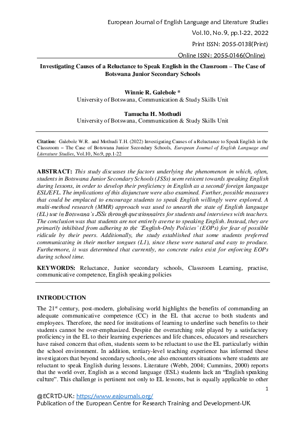 (PDF) Investigating Causes of a Reluctance to Speak English in the ...