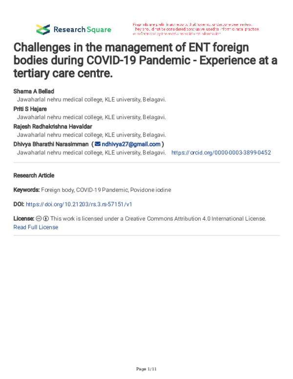 (PDF) Challenges in the management of ENT foreign bodies during COVID ...