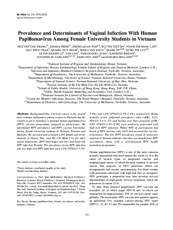 Prevalence and Determinants of Vaginal Infection With Human Papillomavirus Among Female University Students in Vietnam