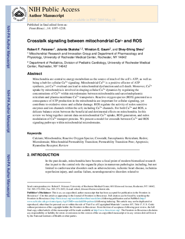 (PDF) Crosstalk signaling between mitochondrial Ca2+ and ROS