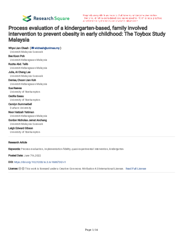 (PDF) Process evaluation of a kindergarten-based, family involved ...