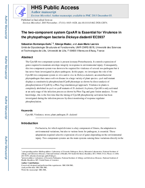 (PDF) The two-component system CpxAR is essential for virulence in the ...