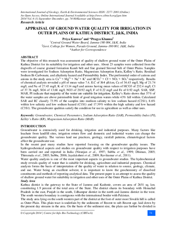 (PDF) Appraisal of Ground Water Quality for Irrigation in Outer Plains ...