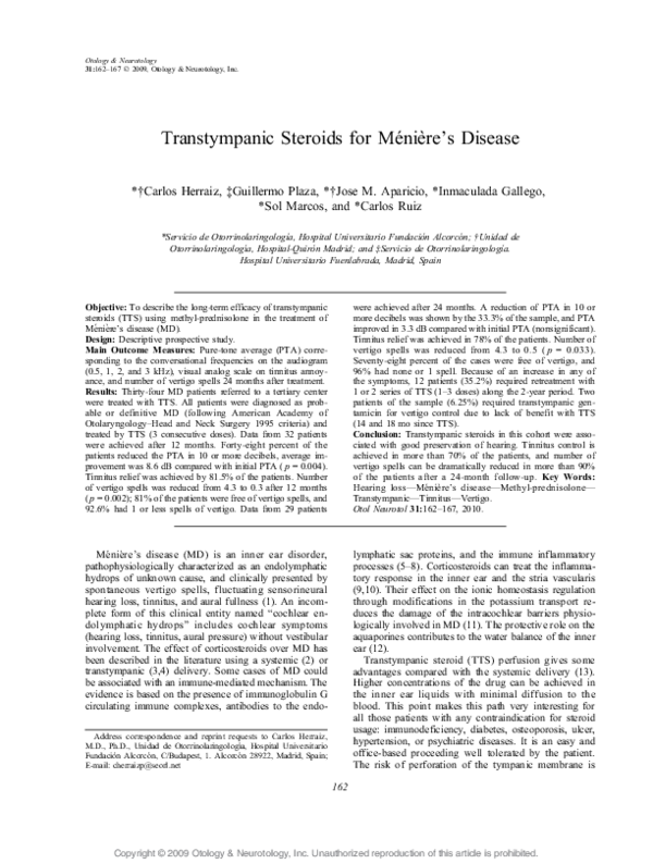 (PDF) Transtympanic Steroids for Ménière's Disease