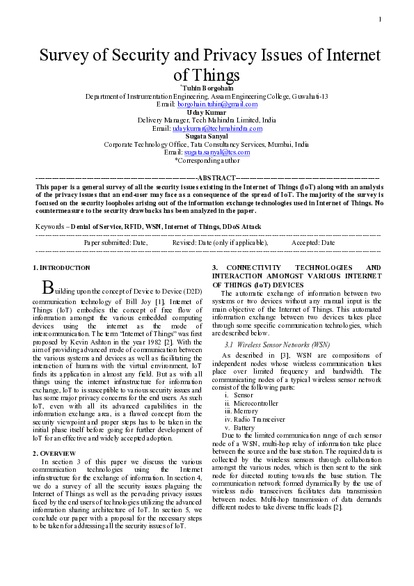 (PDF) Survey of Security and Privacy Issues of Internet of Things