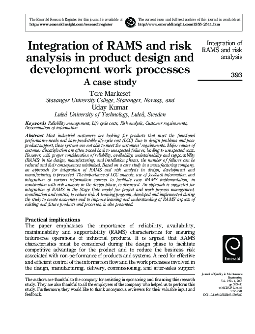 (PDF) Integration of RAMS and risk analysis in product design and ...