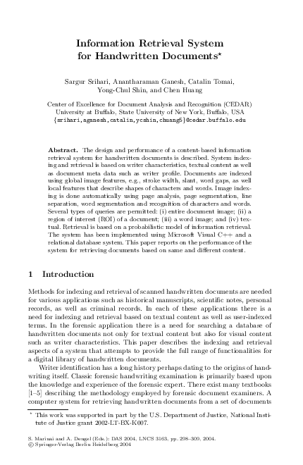 (PDF) Information Retrieval System for Handwritten Documents