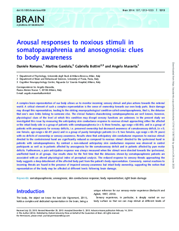 (PDF) Arousal responses to noxious stimuli in somatoparaphrenia and ...