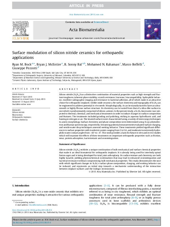 (PDF) Surface modulation of silicon nitride ceramics for orthopaedic ...