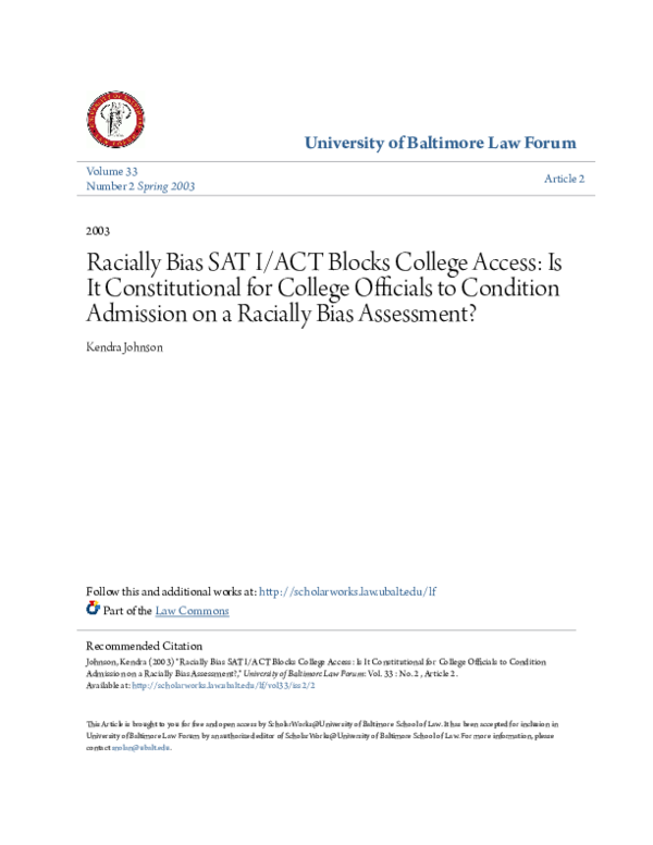 (PDF) Racially Bias SAT I/ACT Blocks College Access: Is It ...