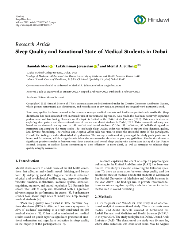 (PDF) Sleep Quality and Emotional State of Medical Students in Dubai