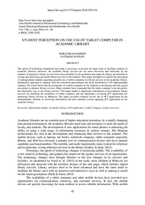(PDF) Student Perception on the use of Tablet Computer in Academic Library