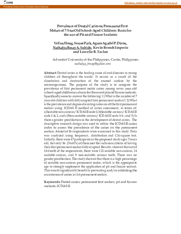 (PDF) Prevalence of Dental Caries on Permanent First Molars of 7-Year ...