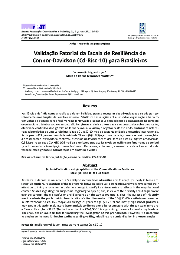 (PDF) Validação Fatorial da Escala de Resiliência de Connor-Davidson ...