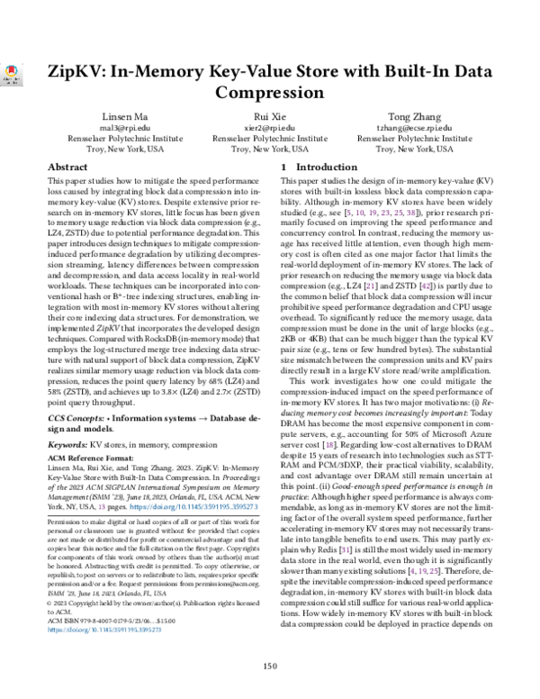 (PDF) ZipKV: In-Memory Key-Value Store with Built-In Data Compression