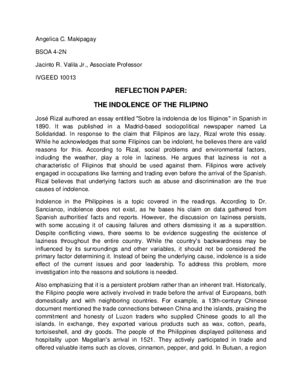 (PDF) REFLECTION PAPER: THE INDOLENCE OF THE FILIPINO