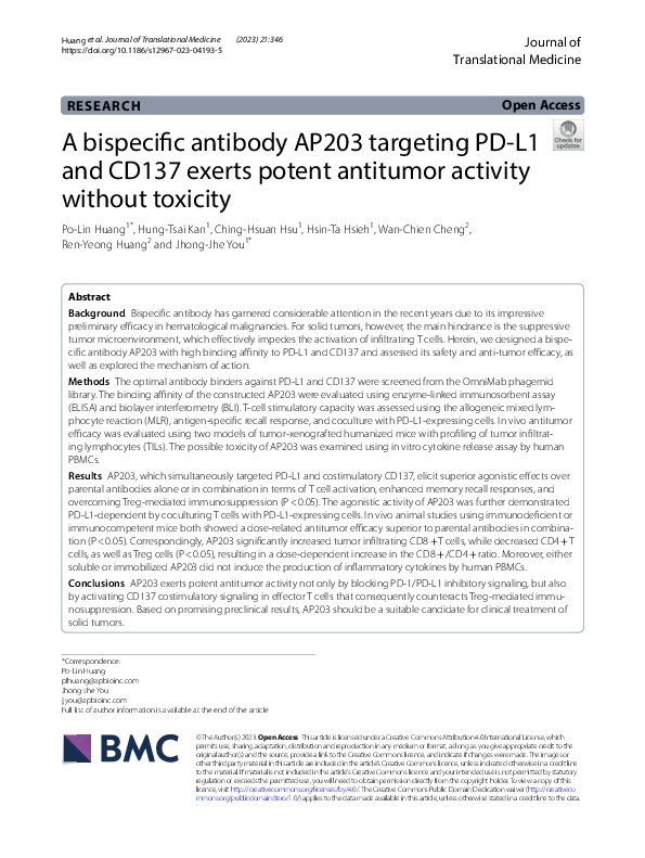 (PDF) A bispecific antibody AP203 targeting PD-L1 and CD137 exerts ...